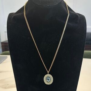 TOVA Crystal Encircled Enamel Painted Medallion Pendant on Gold Tone Necklace